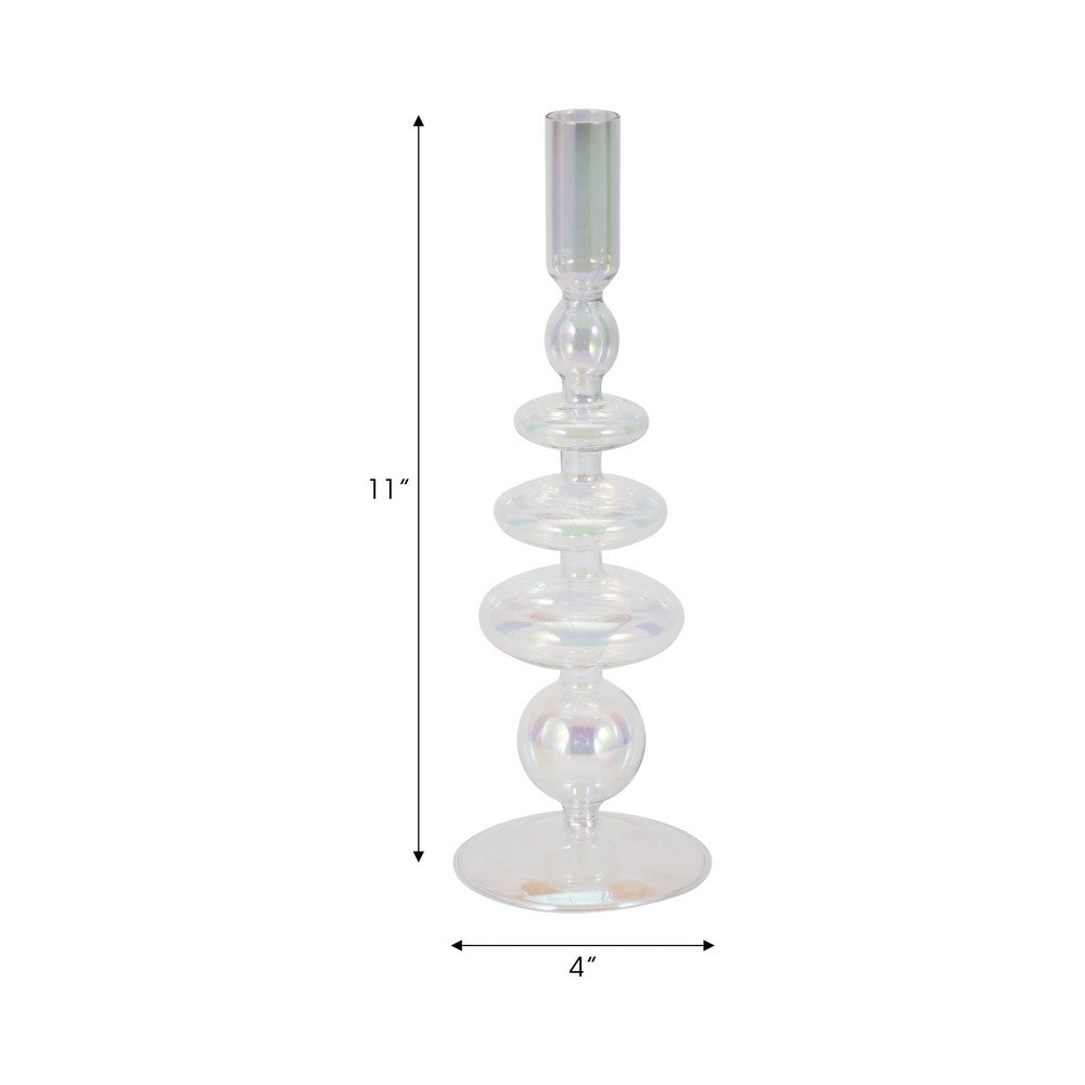 11" Vintage Glass Tapered Candle Holder w Iridescent Clear Luster