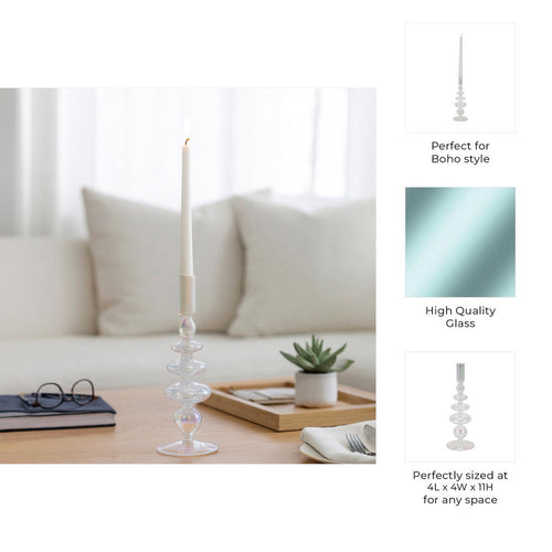 11" Vintage Glass Tapered Candle Holder w Iridescent Clear Luster