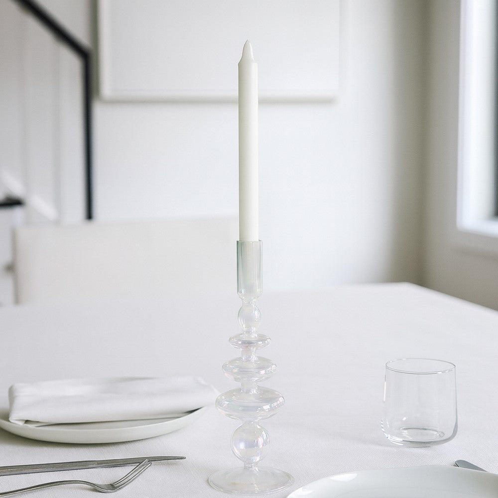 11" Vintage Glass Tapered Candle Holder w Iridescent Clear Luster