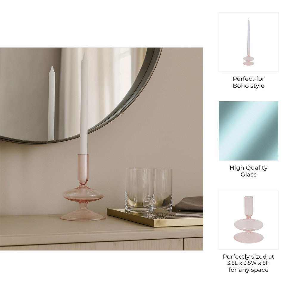 Vintage Taper Candle Holder | 5" | Pastel Pink Rounded Bubble Glass