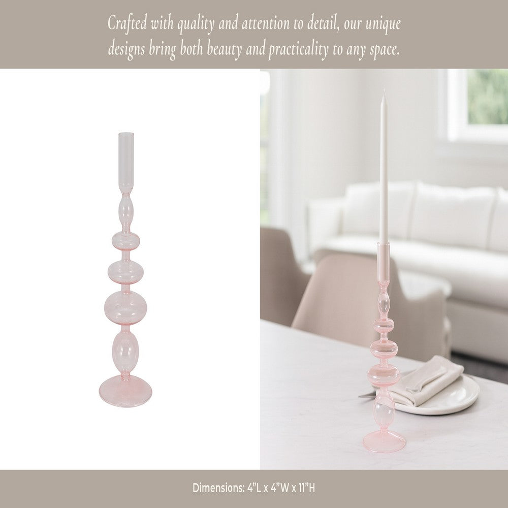 Dynamic Decorative Turned Tapered Candle Holder | 11" Light Pink Glass