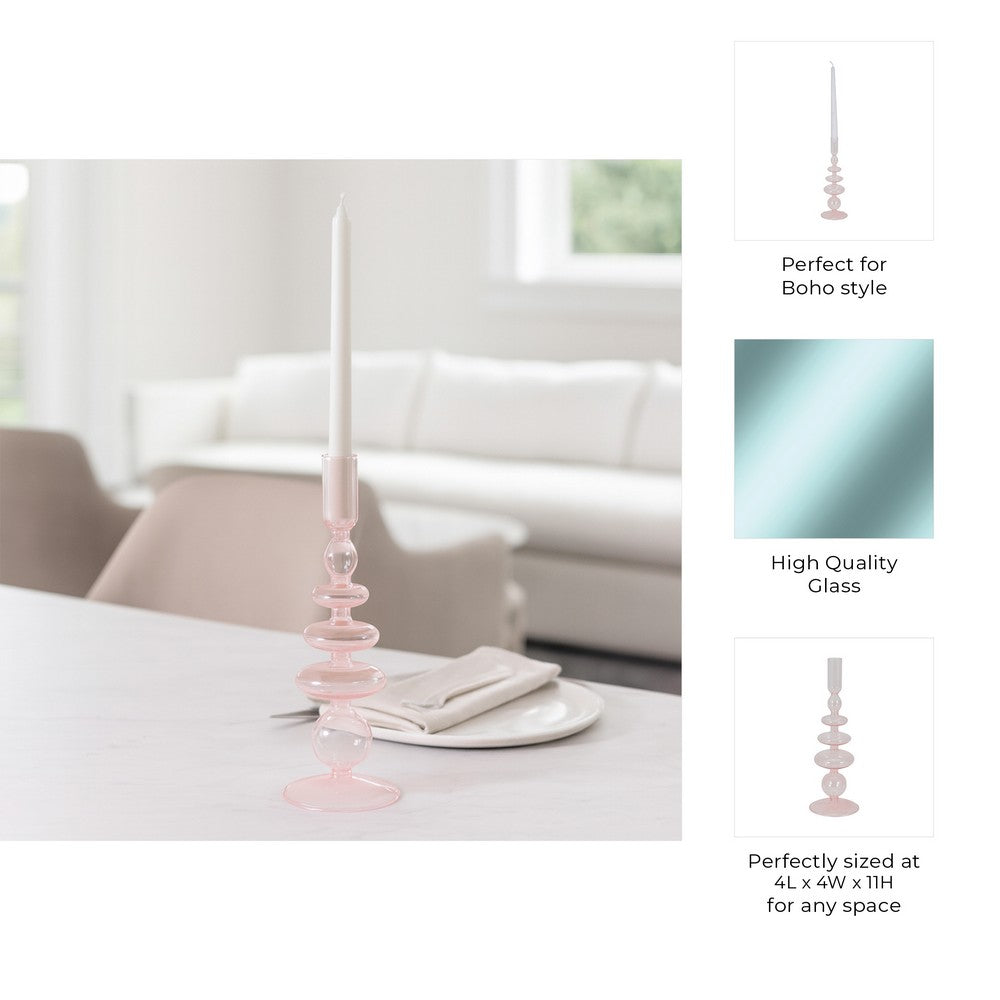 Dynamic Decorative Turned Tapered Candle Holder | 11" Light Pink Glass