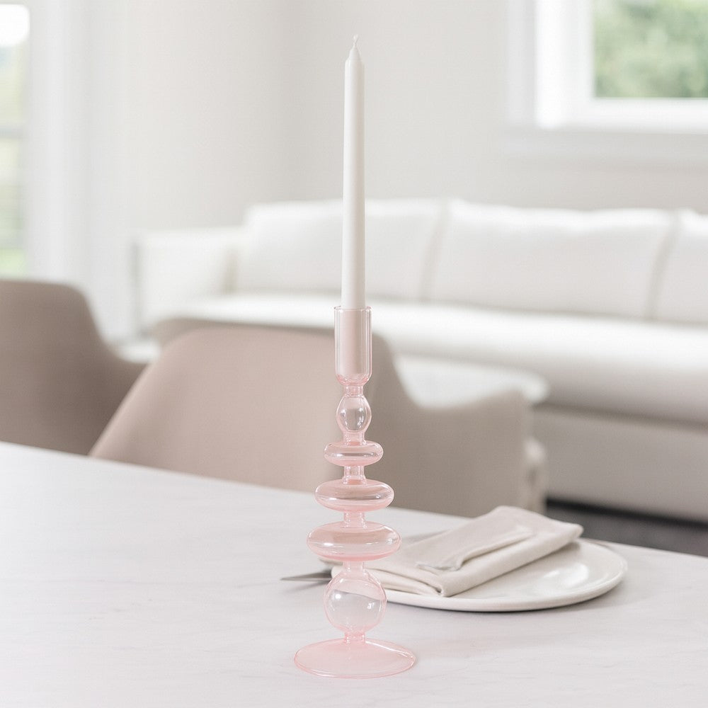 Dynamic Decorative Turned Tapered Candle Holder | 11" Light Pink Glass