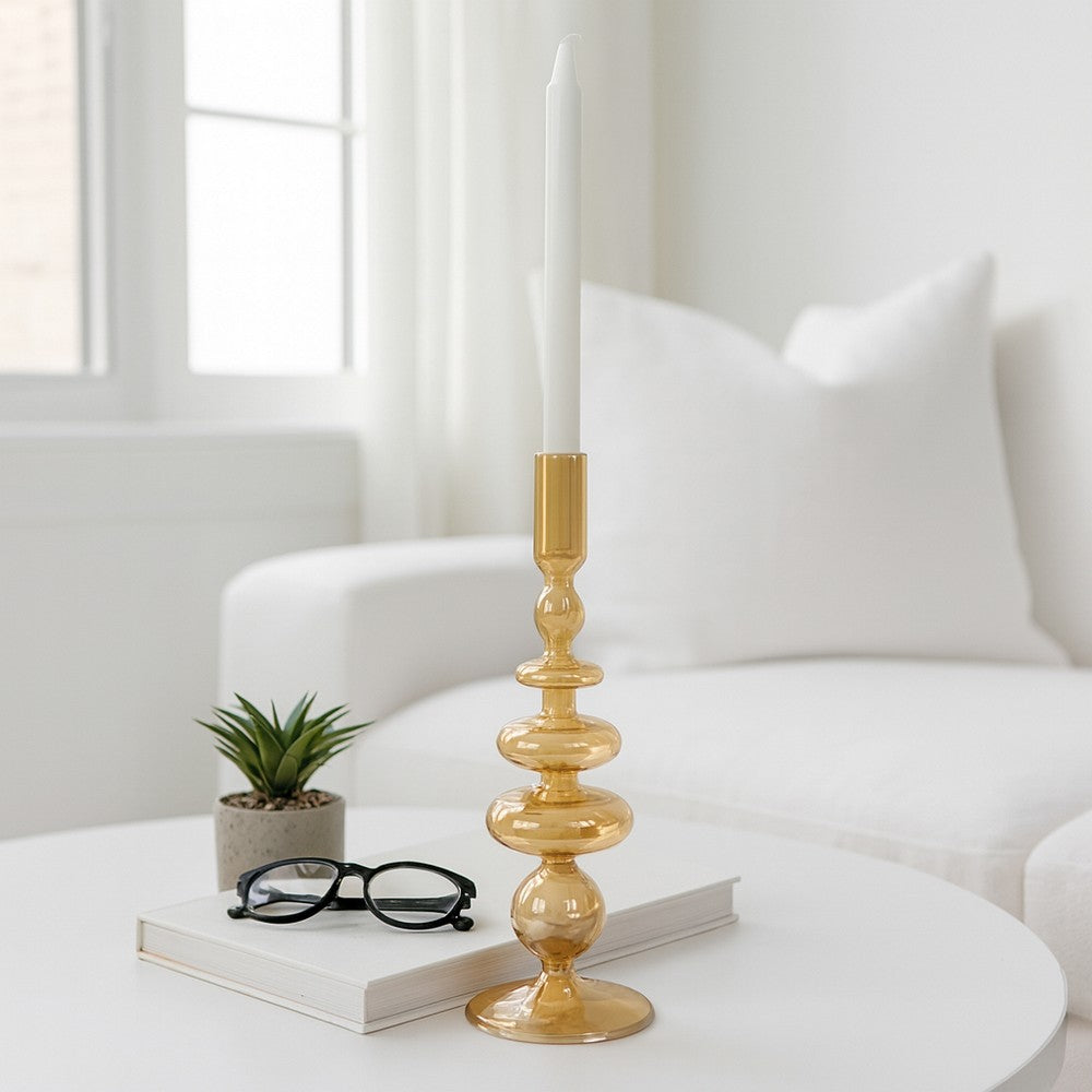 Bela Taper Candle Holder | Tiered Bubble Shape | Vintage Gold Luster Glass