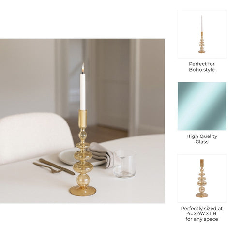 Bela Taper Candle Holder | Tiered Bubble Shape | Vintage Gold Luster Glass