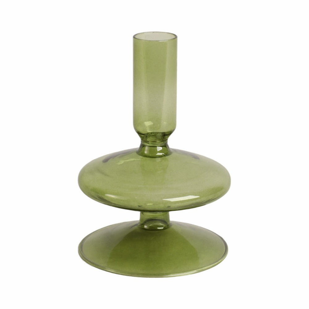 Sven Vintage Taper Candle Holder | Rounded Olive Green Glass 5" Tall