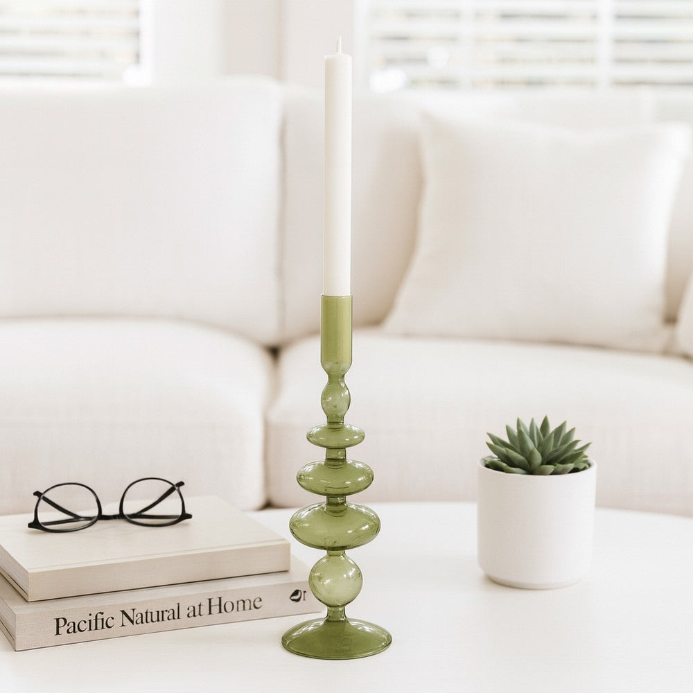 Vintage Taper Candle Holder | 11" Olive Green Rounded Bubble Glass