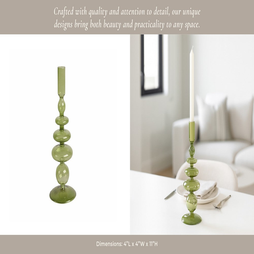Vintage Taper Candle Holder | 11" Olive Green Rounded Bubble Glass
