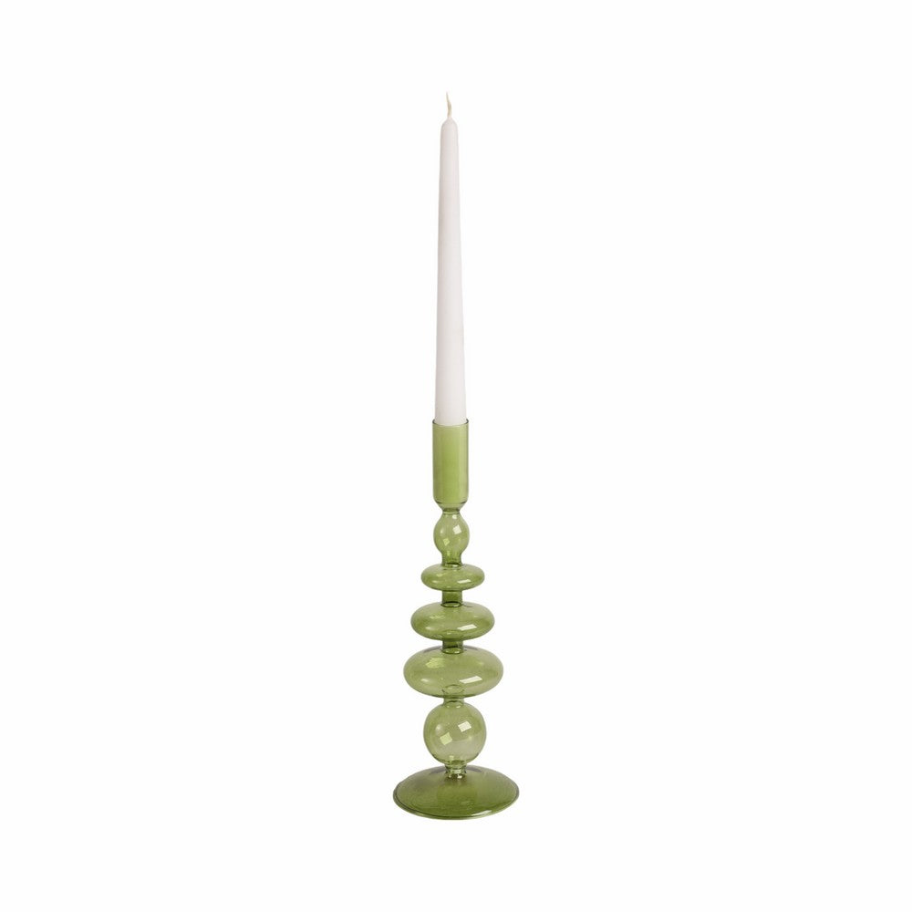 Vintage Taper Candle Holder | 11" Olive Green Rounded Bubble Glass