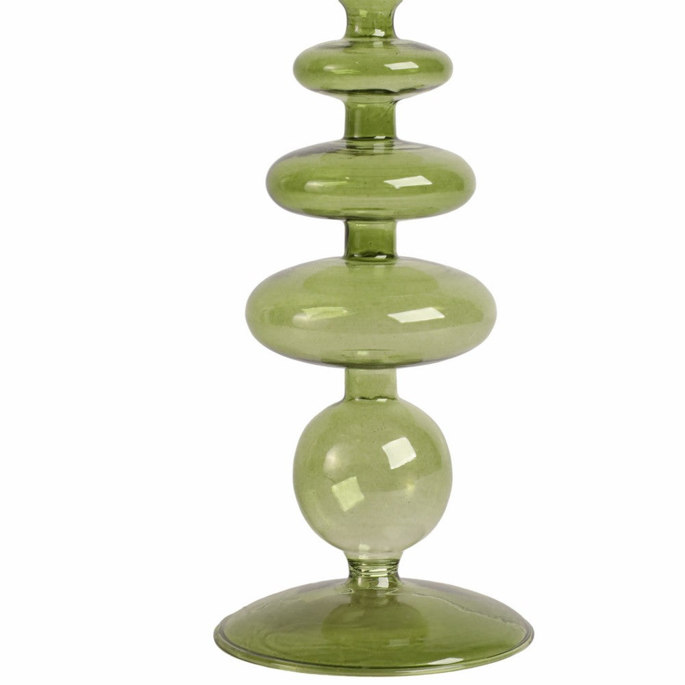 Vintage Taper Candle Holder | 11" Olive Green Rounded Bubble Glass