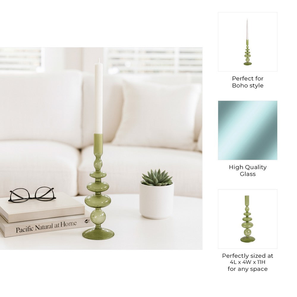 Vintage Taper Candle Holder | 11" Olive Green Rounded Bubble Glass