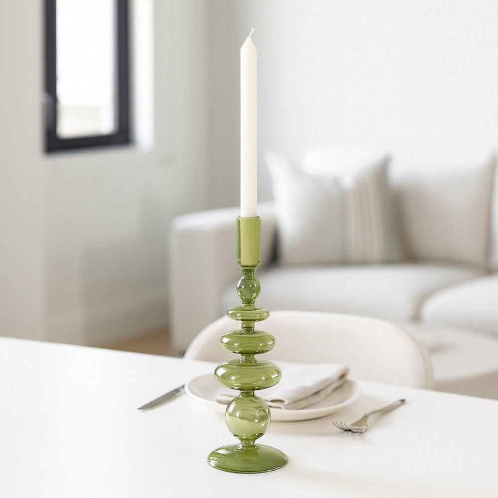 Vintage Taper Candle Holder | 11" Olive Green Rounded Bubble Glass