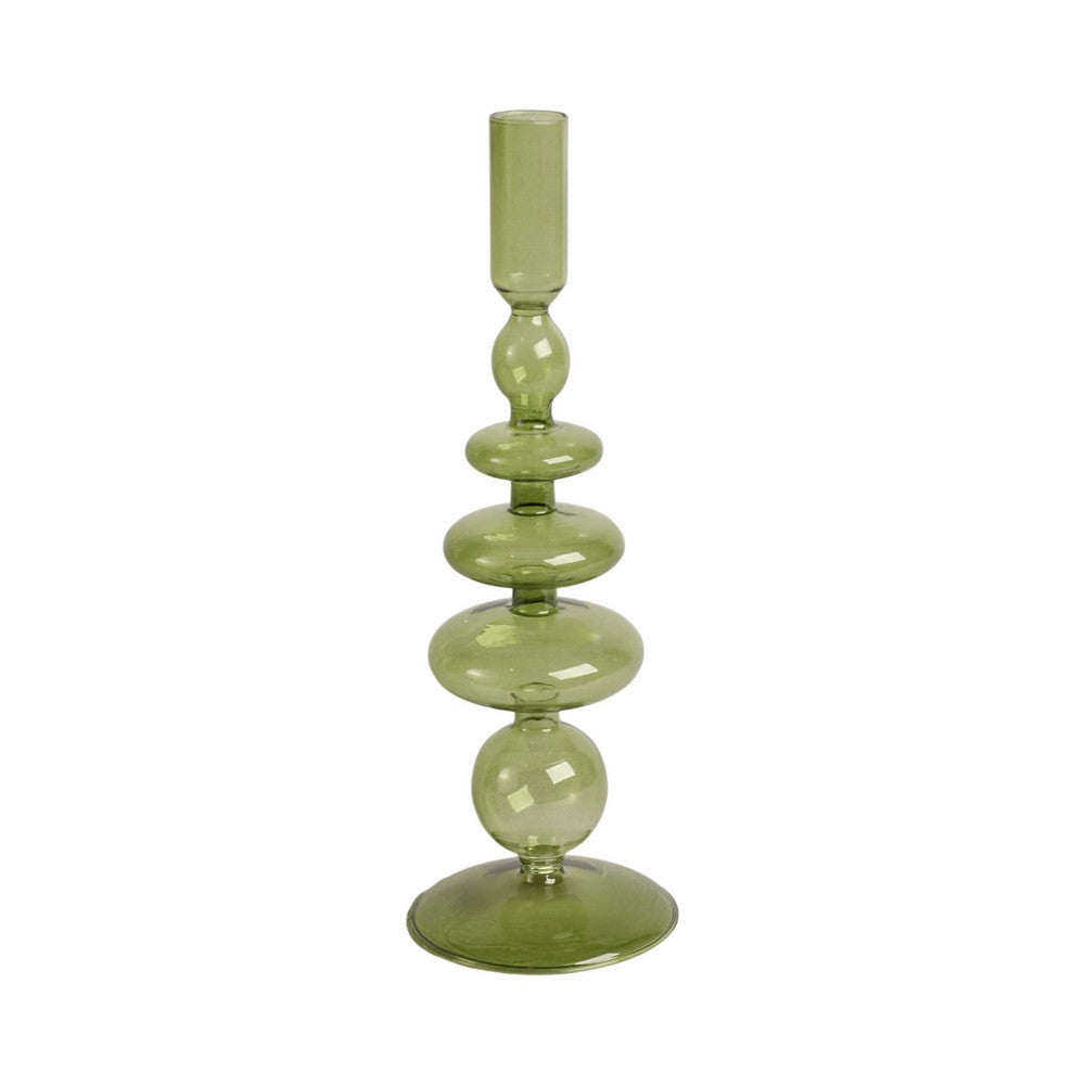 Vintage Taper Candle Holder | 11" Olive Green Rounded Bubble Glass