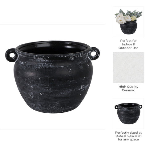 Outdoor Decorative Planter | Jug Shape w Handles | 12" Black Ceramic