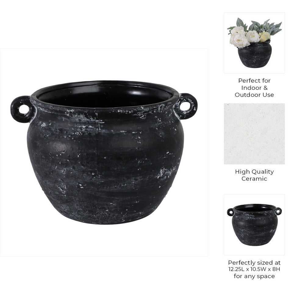 Outdoor Decorative Planter | Jug Shape w Handles | 12" Black Ceramic