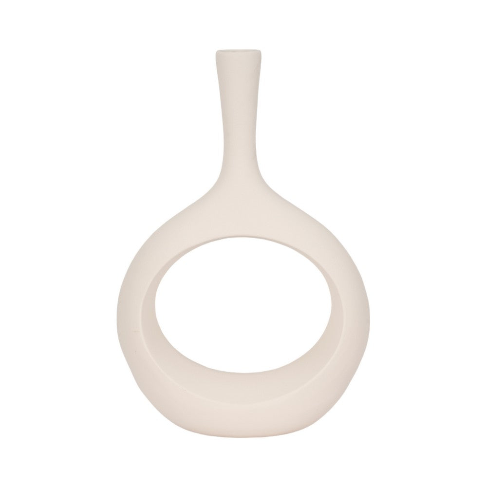 Decorative Vase w Round Cutout | Rough Textured White Ceramic | 24"