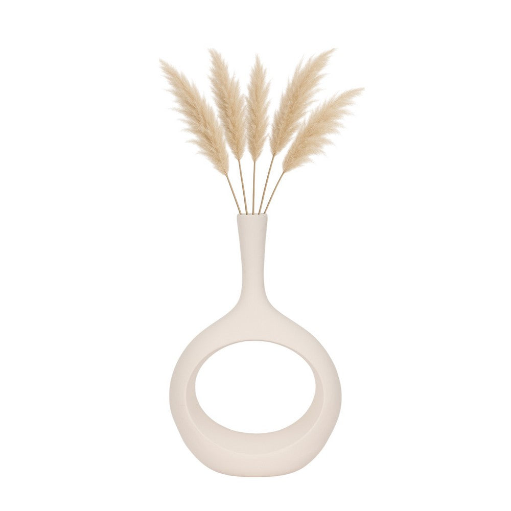 Decorative Vase w Round Cutout | Rough Textured White Ceramic | 24"