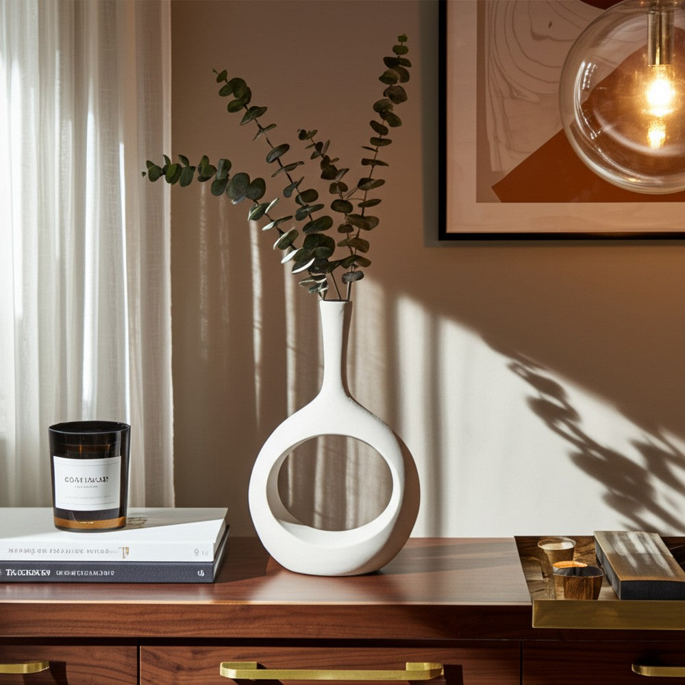 Decorative Vase w Round Cutout | Rough Textured White Ceramic | 24"