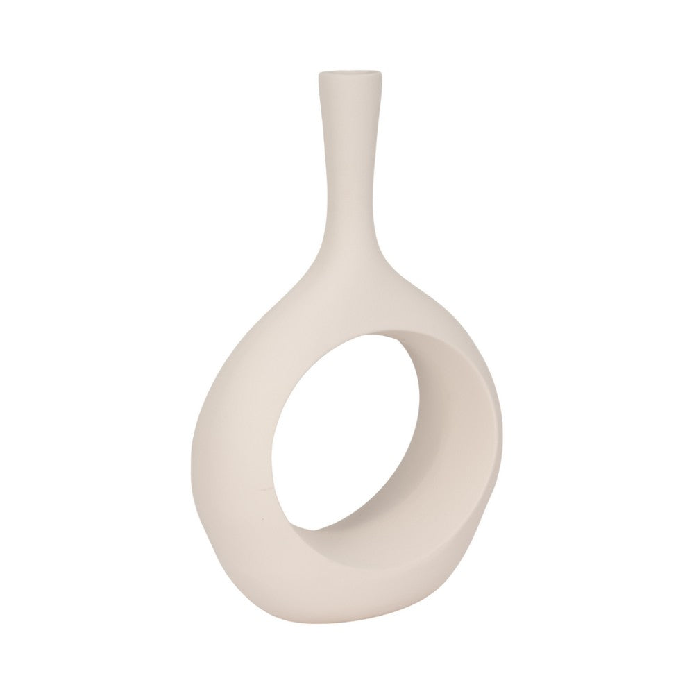 Decorative Vase w Round Cutout | Rough Textured White Ceramic | 24"