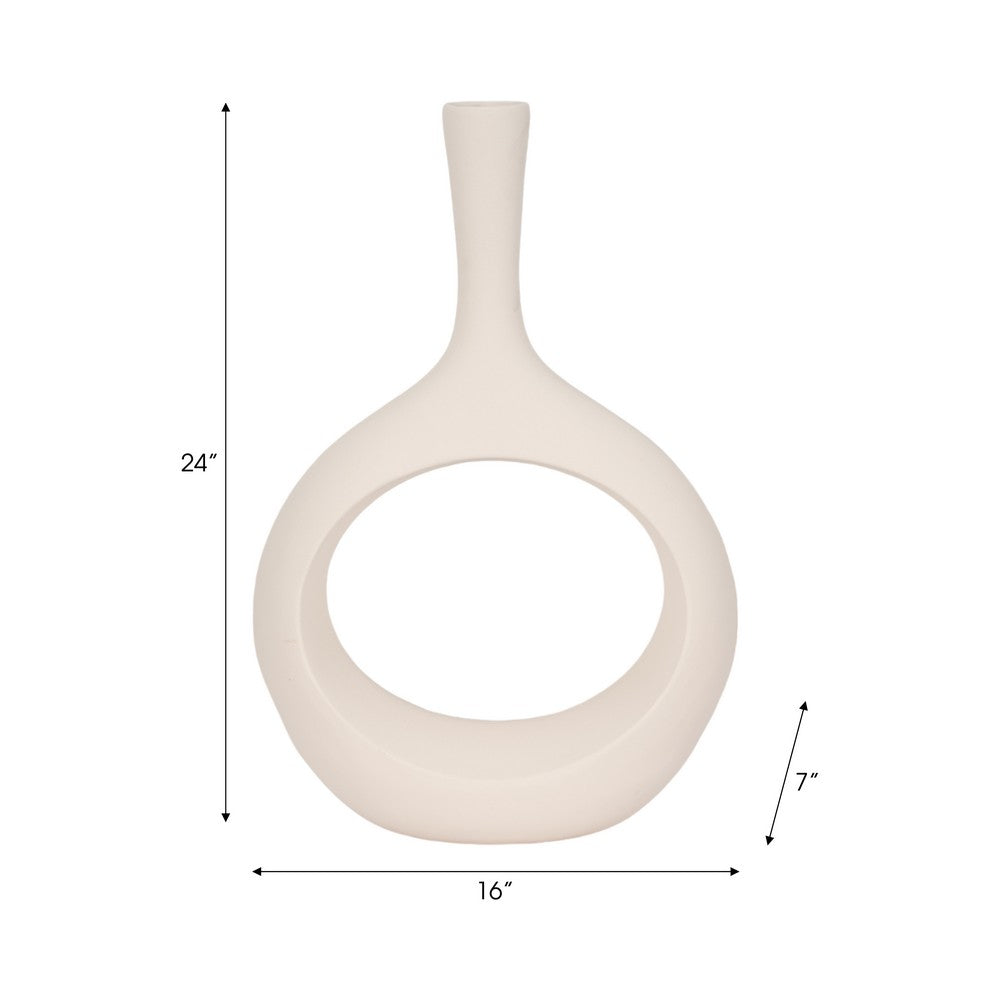 Decorative Vase w Round Cutout | Rough Textured White Ceramic | 24"