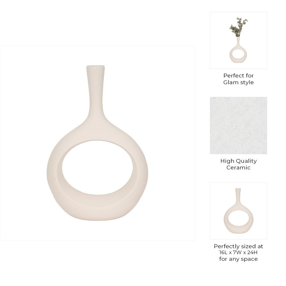 Decorative Vase w Round Cutout | Rough Textured White Ceramic | 24"