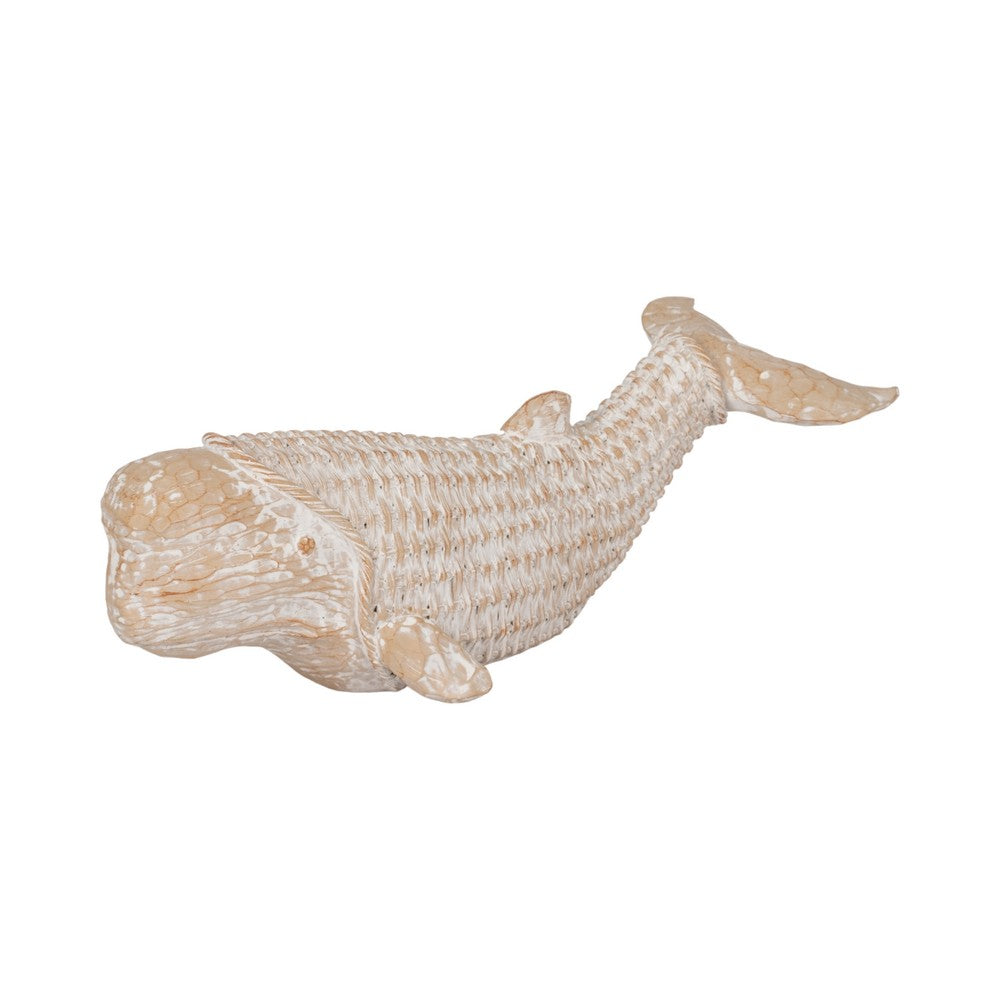 Flint Beluga Whale Figurine | Woven Wicker-Style Design | White Resin 16"