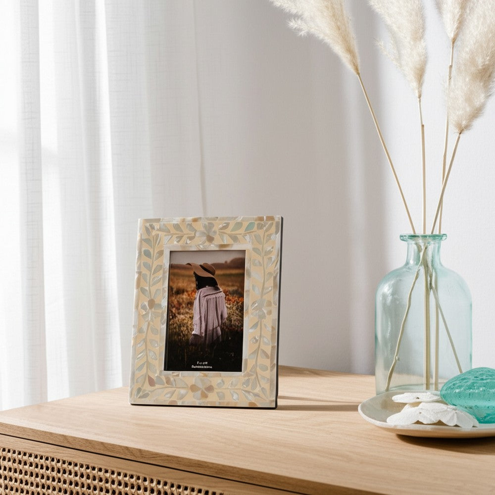 Decorative Photo Frame with Ivory Shell Pearl Inlay Design | 4x6 Interior