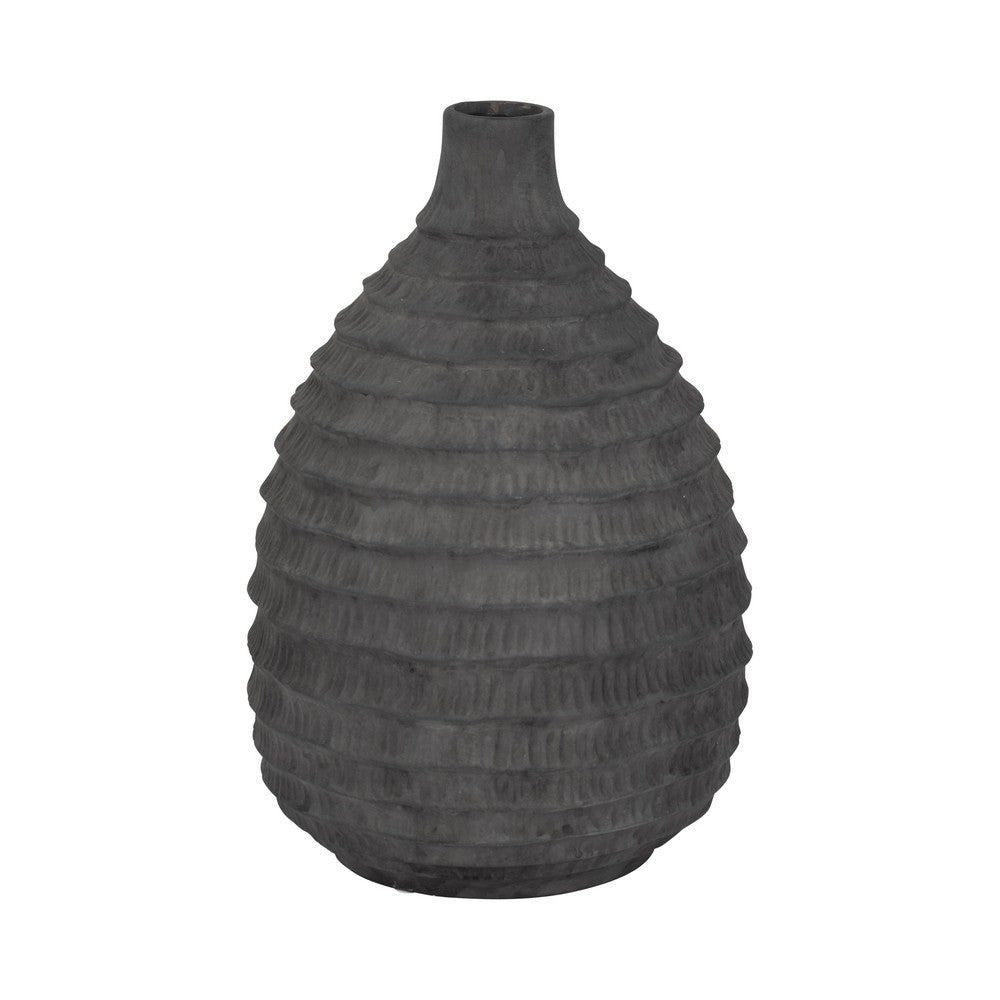 Decorative Textured Vase | Faded Black Ribbed Ceramic Design | 15"