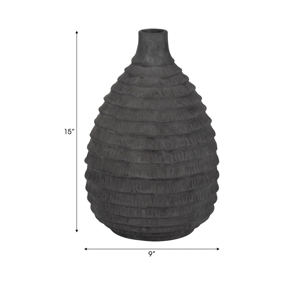 Decorative Textured Vase | Faded Black Ribbed Ceramic Design | 15"