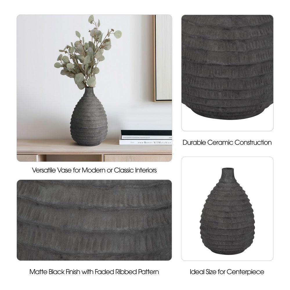 Decorative Textured Vase | Faded Black Ribbed Ceramic Design | 15"