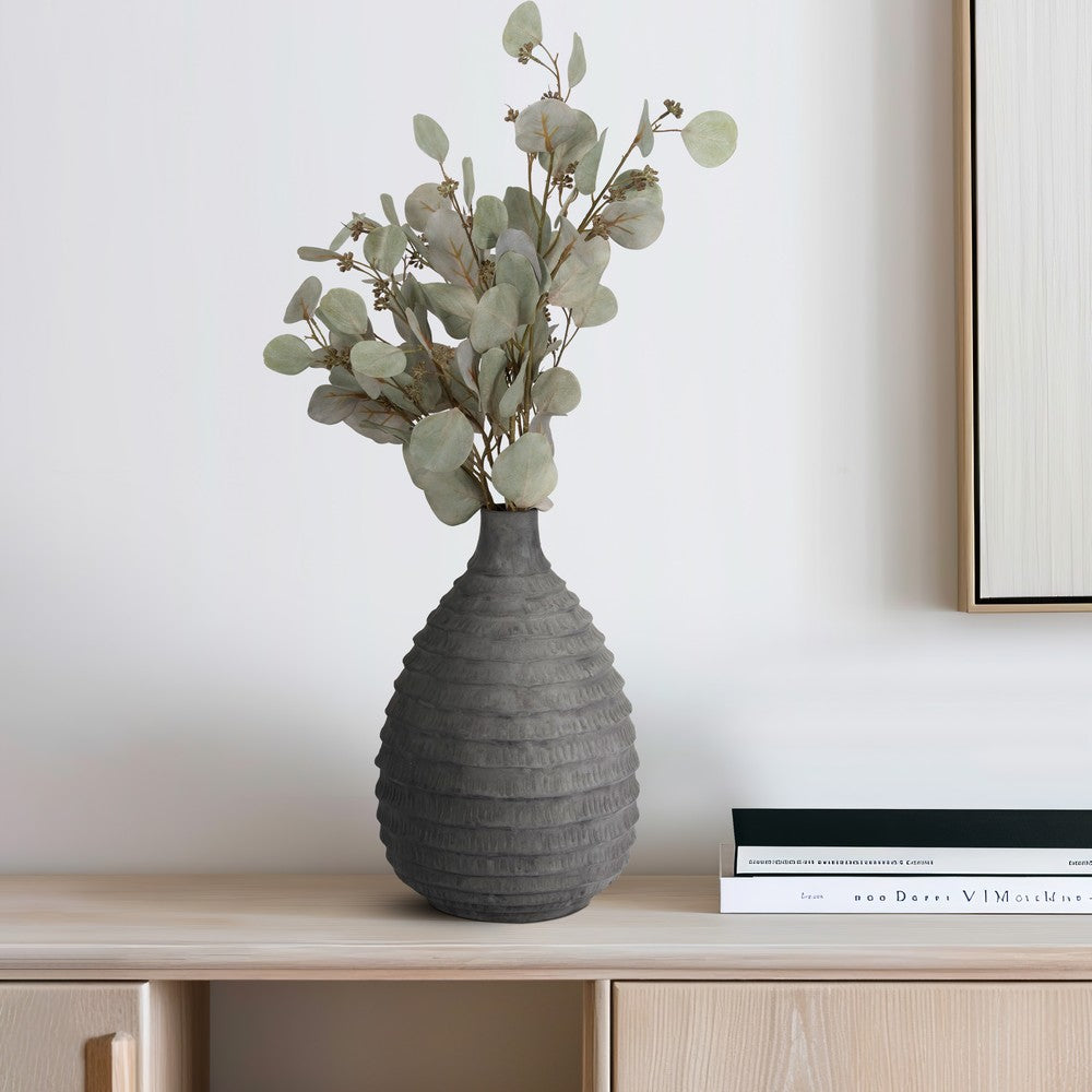Decorative Textured Vase | Faded Black Ribbed Ceramic Design | 15"
