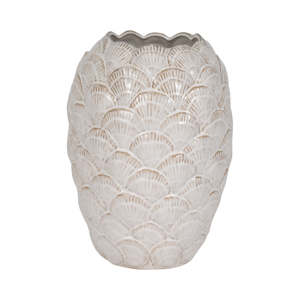 Decorative Flower Vase | Coastal Seashell Texture | 13" White Ceramic
