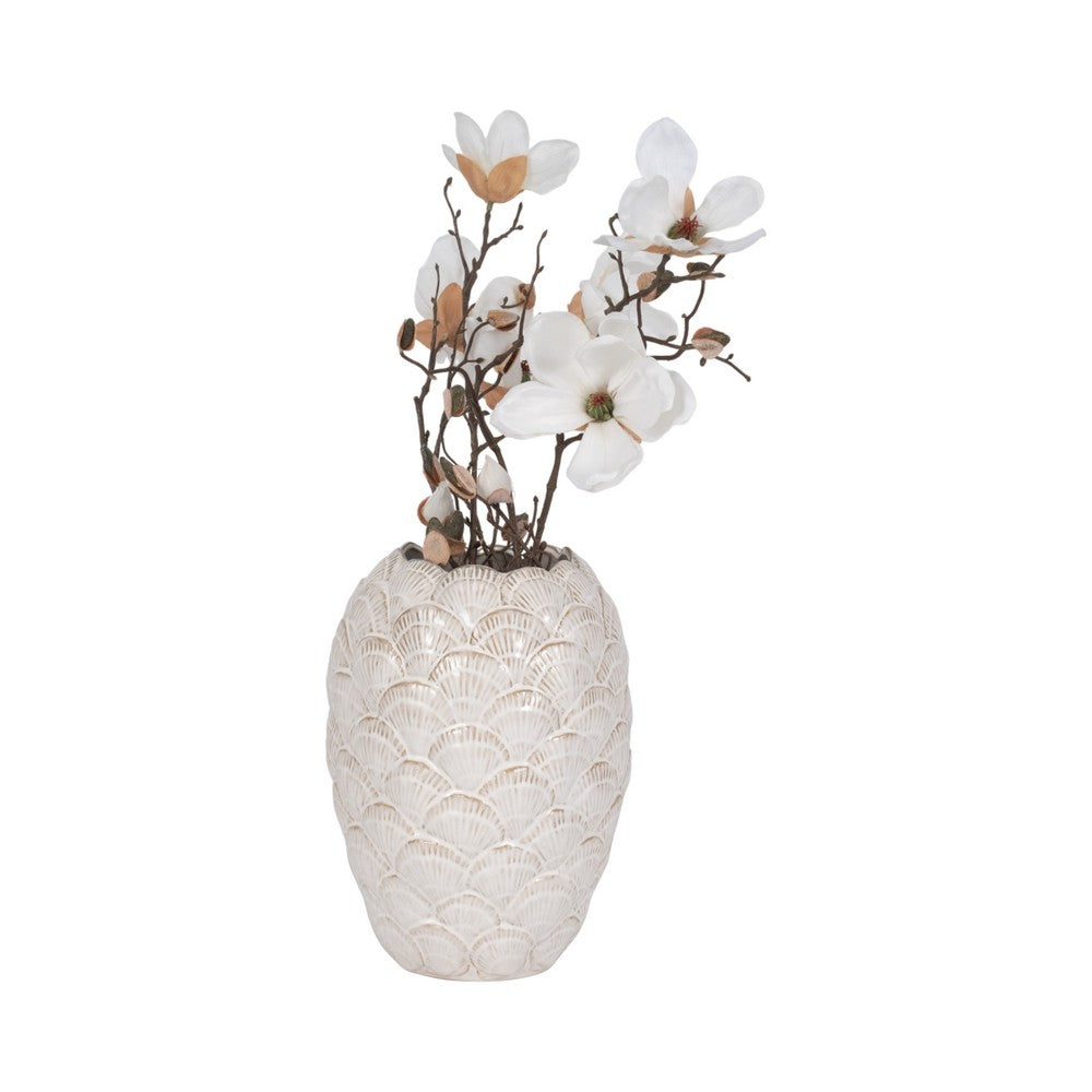 Decorative Flower Vase | Coastal Seashell Texture | 13" White Ceramic