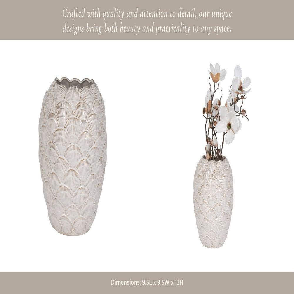 Decorative Flower Vase | Coastal Seashell Texture | 13" White Ceramic
