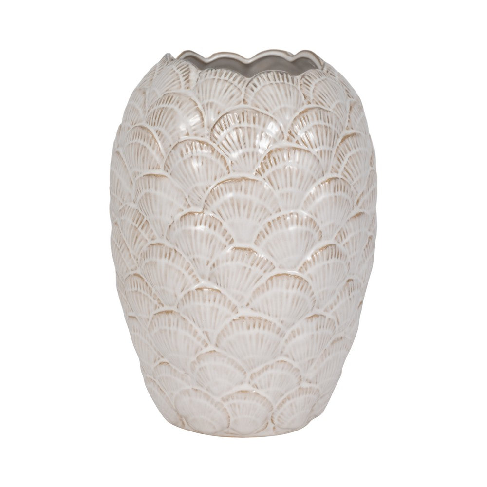 Decorative Flower Vase | Coastal Seashell Texture | 13" White Ceramic
