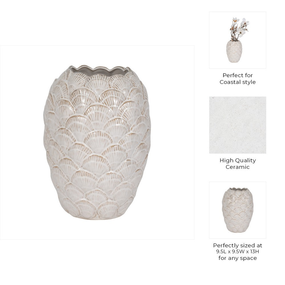 Decorative Flower Vase | Coastal Seashell Texture | 13" White Ceramic