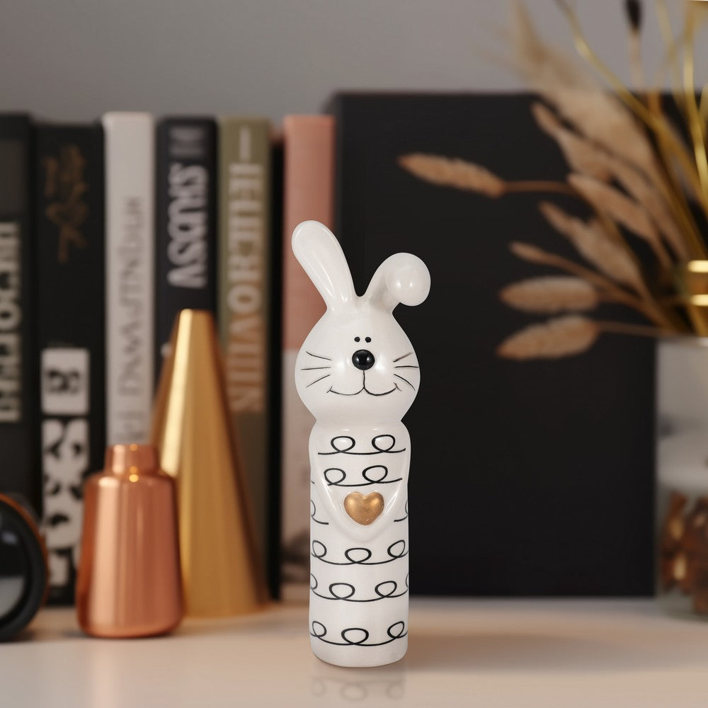 Decorative Squiggly Bunny Tabletop Accent w Gold Heart | White Ceramic