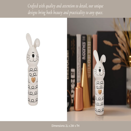 Decorative Squiggly Bunny Tabletop Accent w Gold Heart | White Ceramic