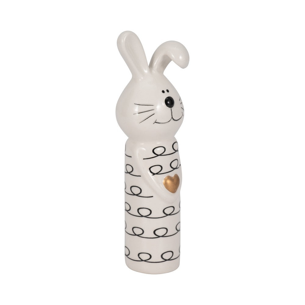 Decorative Squiggly Bunny Tabletop Accent w Gold Heart | White Ceramic