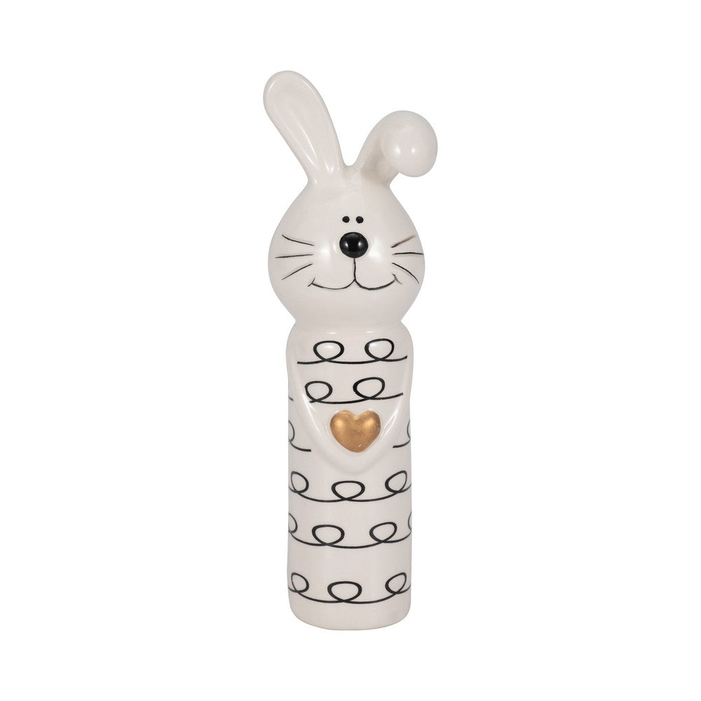 Decorative Squiggly Bunny Tabletop Accent w Gold Heart | White Ceramic