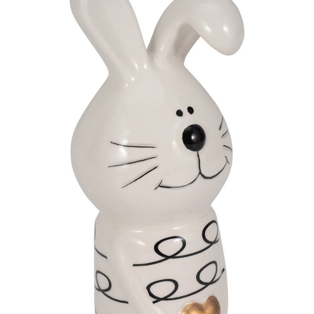 Decorative Squiggly Bunny Tabletop Accent w Gold Heart | White Ceramic