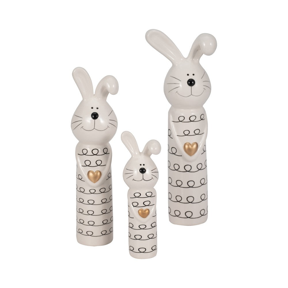 Decorative Squiggly Bunny Tabletop Accent w Gold Heart | White Ceramic