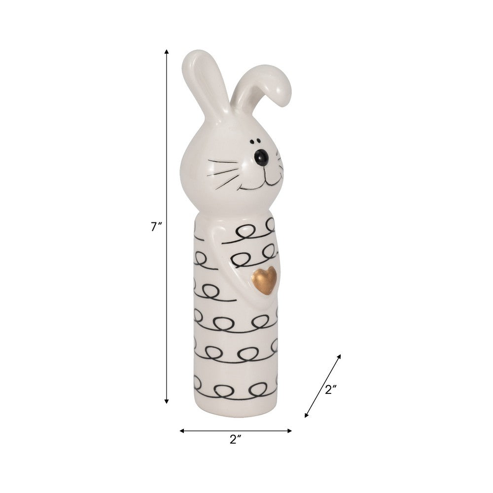 Decorative Squiggly Bunny Tabletop Accent w Gold Heart | White Ceramic