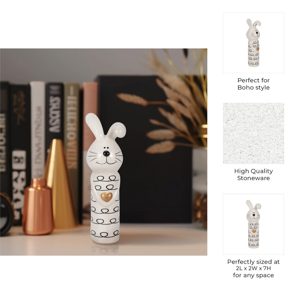 Decorative Squiggly Bunny Tabletop Accent w Gold Heart | White Ceramic