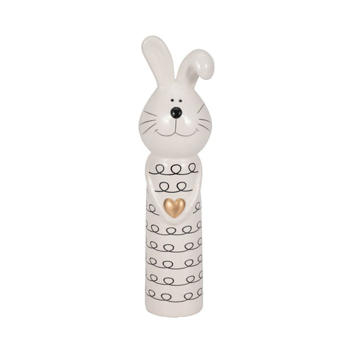 Dion Squiggly Bunny Figurine with Gold Heart | White-Black Ceramic 10"