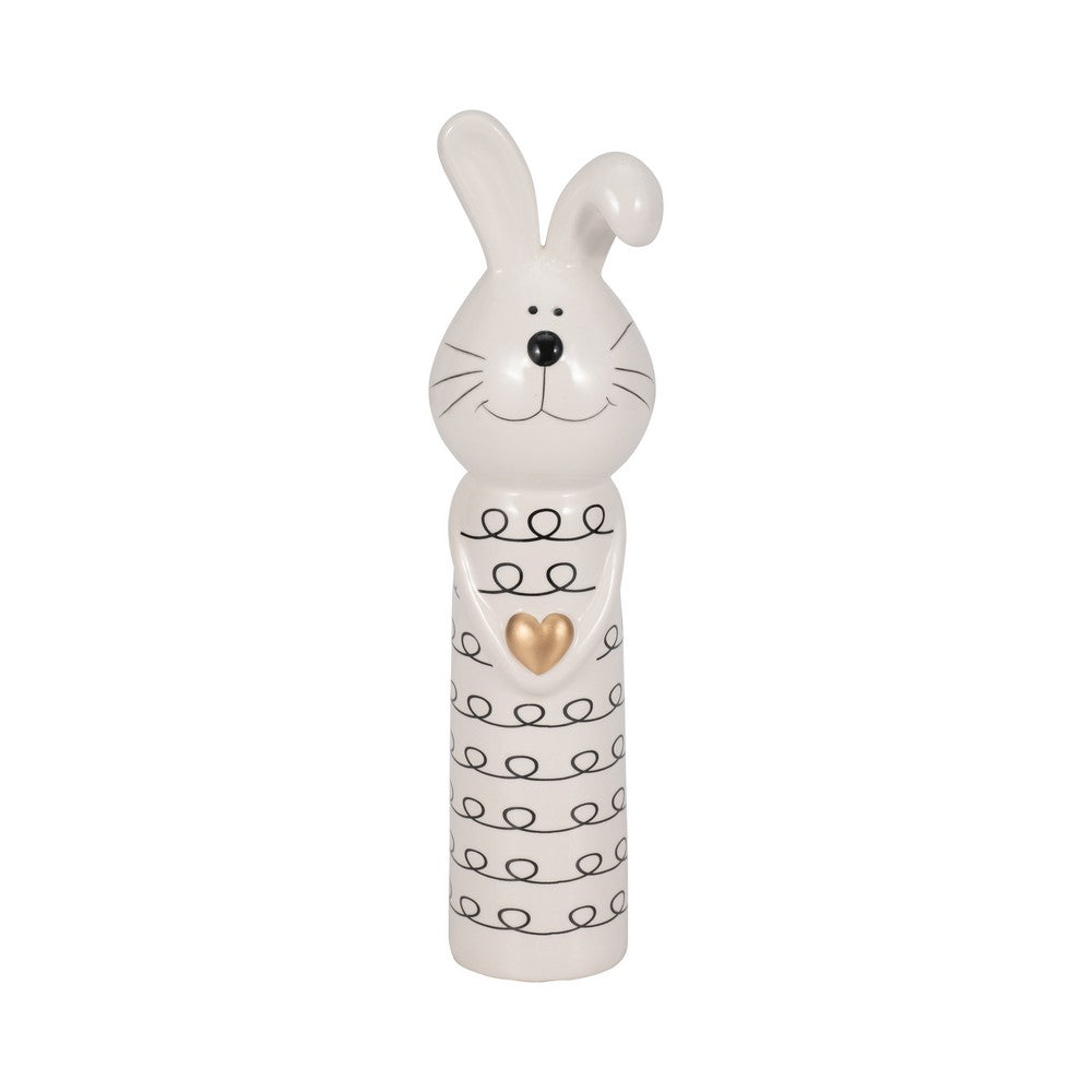 Dion Squiggly Bunny Figurine with Gold Heart | White-Black Ceramic 10"