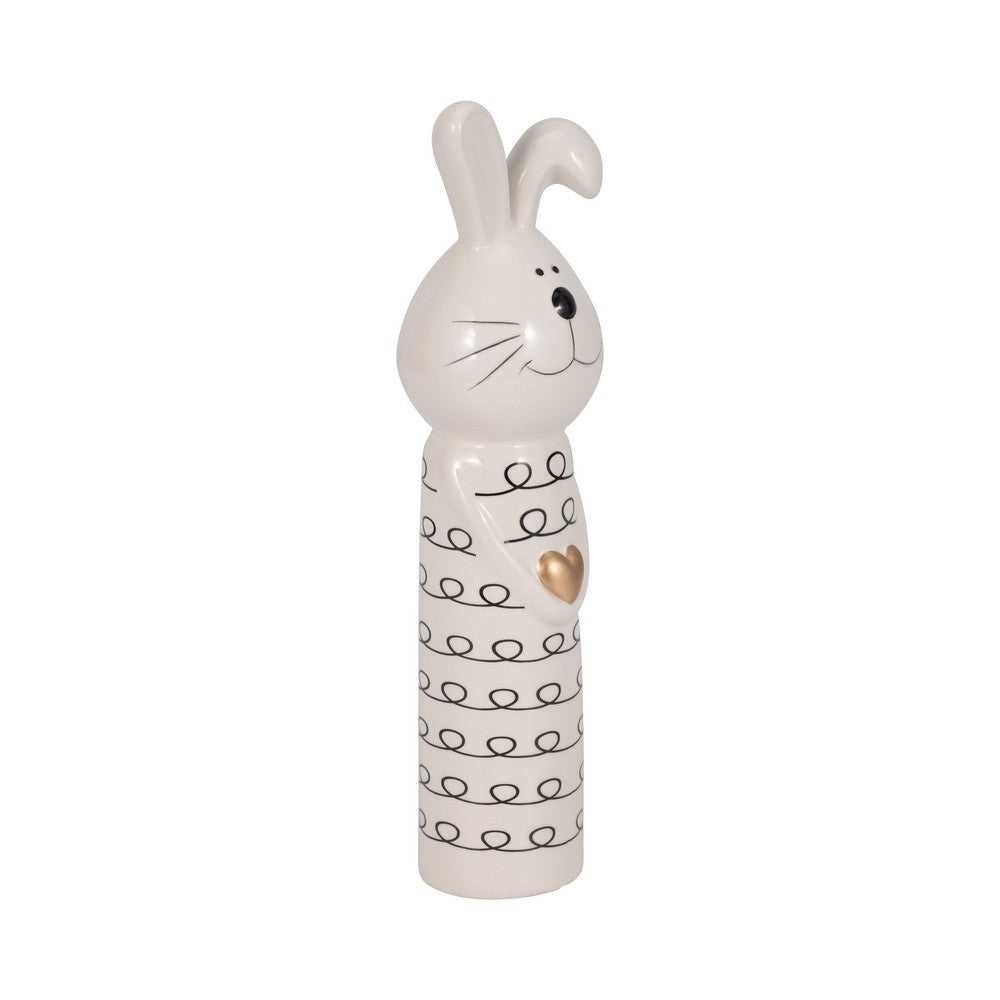 Dion Squiggly Bunny Figurine with Gold Heart | White-Black Ceramic 10"