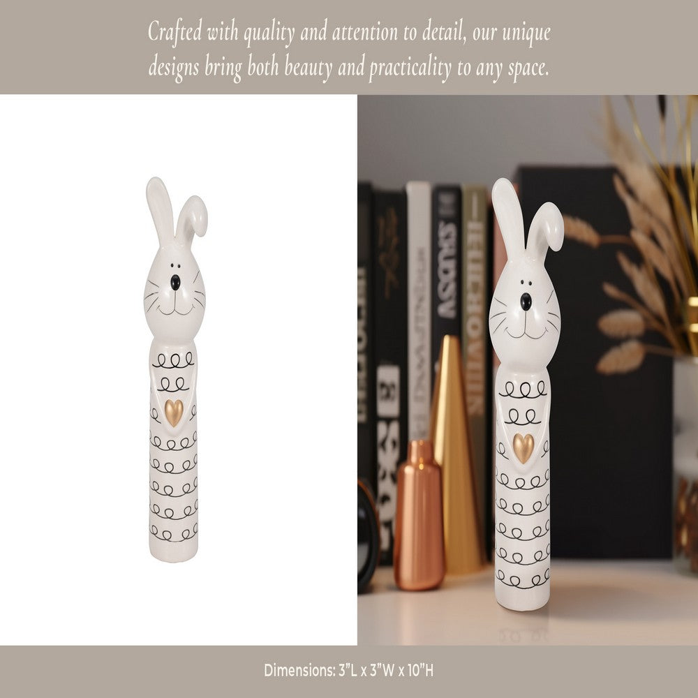 Dion Squiggly Bunny Figurine with Gold Heart | White-Black Ceramic 10"