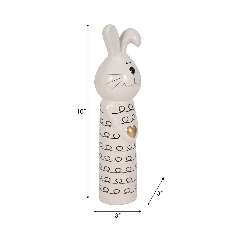 Dion Squiggly Bunny Figurine with Gold Heart | White-Black Ceramic 10"