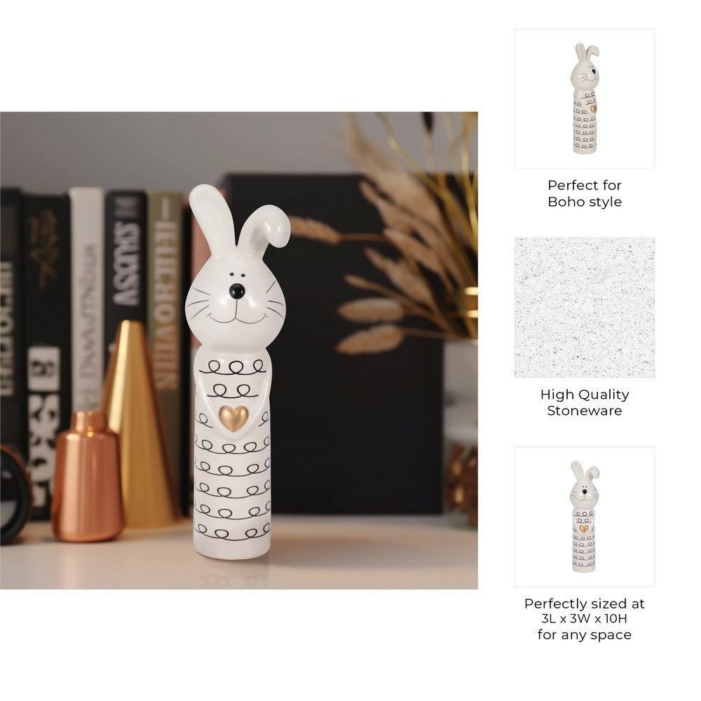 Dion Squiggly Bunny Figurine with Gold Heart | White-Black Ceramic 10"